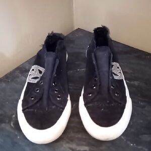 Black gypsy jazz Sneakers White Soles n glitter peace sign detail slip-ons sz 8
